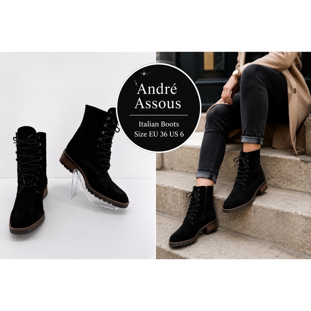 Andre Assous Black Suede Lace-Up Ankle Boots Made in Italy EU 36 US 6